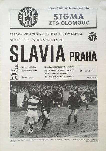 Zápasový bulletin Olomouc-Slavia Praha (7.4.1985)