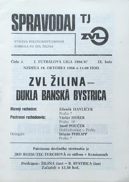 Zápasový bulletin Žilina-Banská Bystrica (19.10.1986)