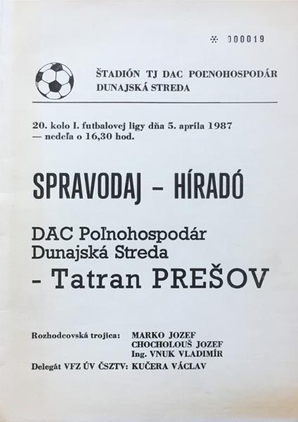 Zápasový bulletin Dunajská Streda-Prešov (5.4.1987)