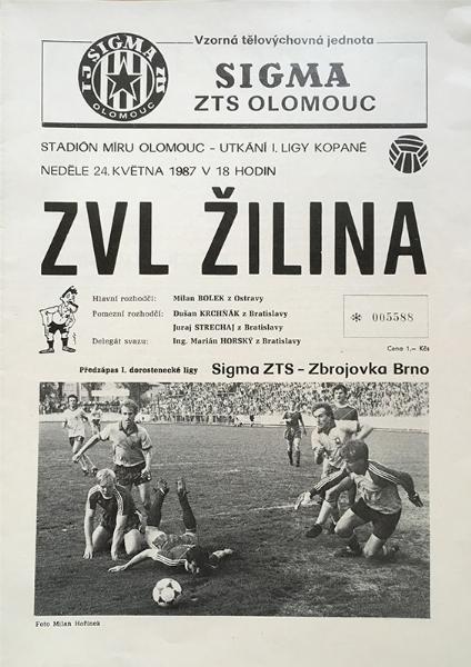 Zápasový bulletin Olomouc-Žilina (24.5.1987)