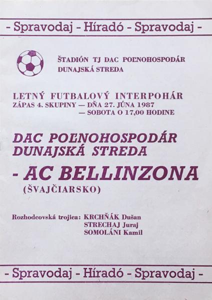 Zápasový bulletin Dunajská Streda-Bellinzona (27.6.1987)