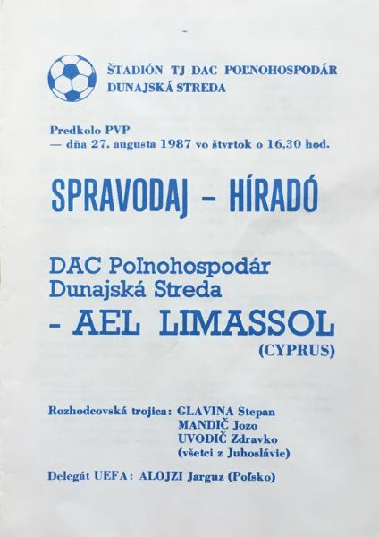 Zápasový bulletin Dunajská Streda-AEL Limassol (27.8.1987)