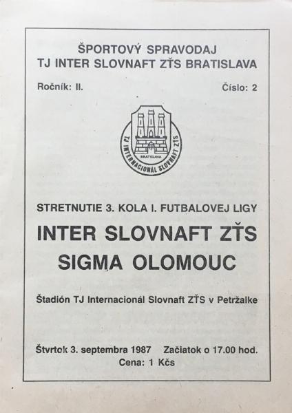 Zápasový bulletin Inter Bratislava-Olomouc (3.9.1987)