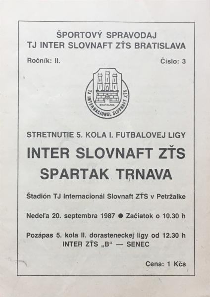 Zápasový bulletin Inter Bratislava-Trnava (20.9.1987)