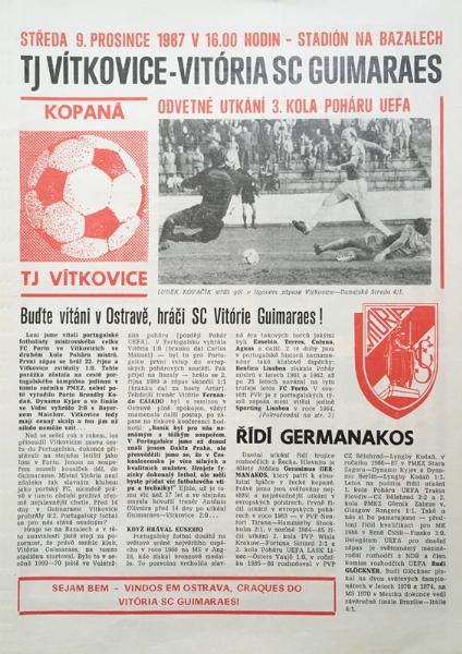 Zápasový bulletin Vítkovice-Guimarães (9.12.1987)
