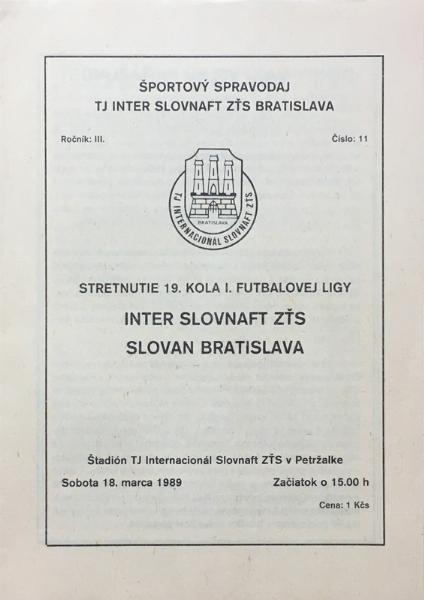 Zápasový bulletin Inter Bratislava-Slovan Bratislava (18.3.1989)