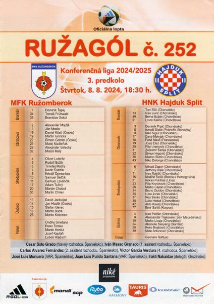 Zápasový bulletin Ružomberok-Hajduk Split (8.8.2024)