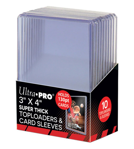 Balení 10 plastových toploaderů UltraPro 130pt se sleevy