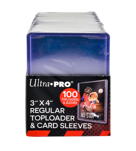 Balení 100 plastových toploaderů UltraPro 35pt se sleevy