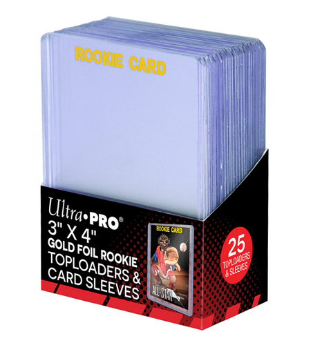Balení 25 plastových toploaderů UltraPro Gold Foil Rookie 35pt se sleevy