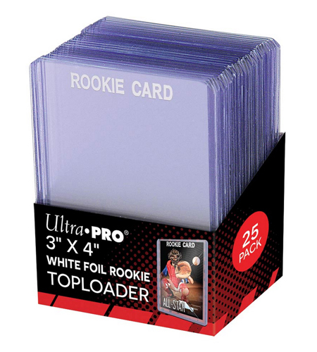 Balení 25 plastových toploaderů UltraPro White Foil Rookie 35pt